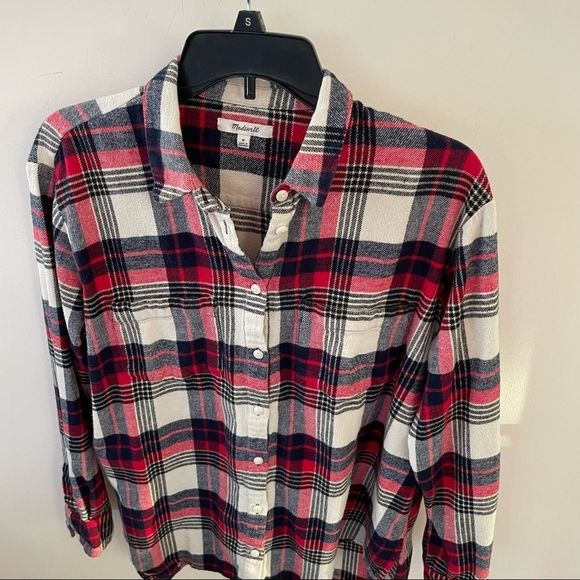 Womens Sz M Madewell Flannel Oversized Ex-Boy Friend plaid shirt Red/White/black - Picture 2 of 6